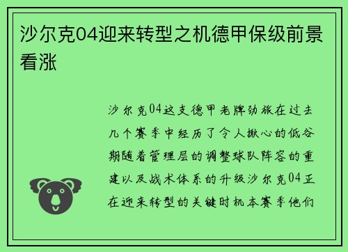 沙尔克04迎来转型之机德甲保级前景看涨